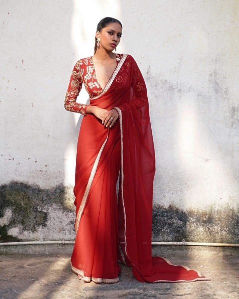 Customizable Red Georgette Saree with Sequence Embroidery Lace for Party Wear Bollywood Fancy Sarees Wholesale