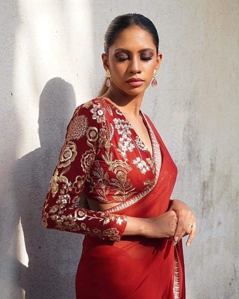 Customizable Red Georgette Saree with Sequence Embroidery Lace for Party Wear Bollywood Fancy Sarees Wholesale