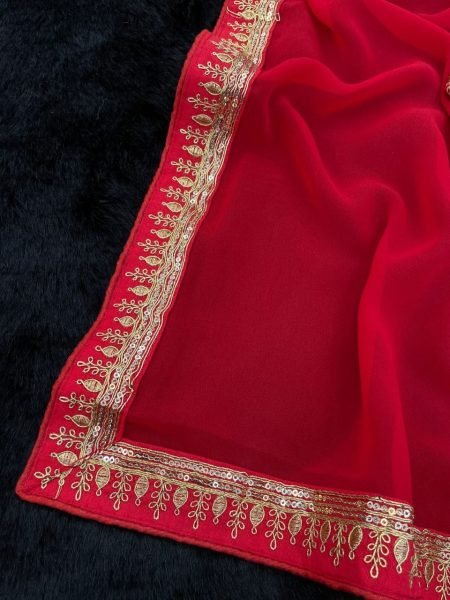 Customizable Red Georgette Saree with Sequence Embroidery Lace for Party Wear Bollywood Fancy Sarees Wholesale