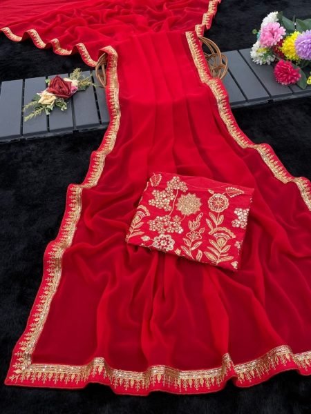 Customizable Red Georgette Saree with Sequence Embroidery Lace for Party Wear Bollywood Fancy Sarees Wholesale