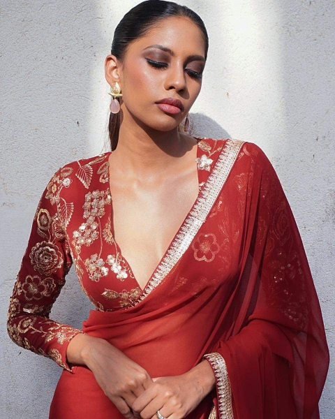 Customizable Red Georgette Saree with Sequence Embroidery Lace for Party Wear Bollywood Fancy Sarees Wholesale