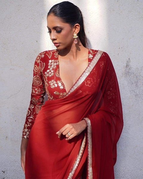 Customizable Red Georgette Saree with Sequence Embroidery Lace for Party Wear Bollywood Fancy Sarees Wholesale