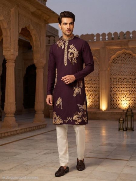 Customizable Royal Purple Men's Embroidered Kurta Pyjama Set with Pure Cotton Bottom 