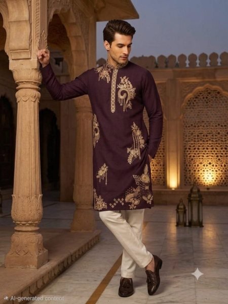 Customizable Royal Purple Men's Embroidered Kurta Pyjama Set with Pure Cotton Bottom Kurta Pajama Wholesale