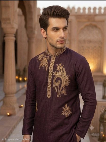 Customizable Royal Purple Men's Embroidered Kurta Pyjama Set with Pure Cotton Bottom Kurta Pajama Wholesale