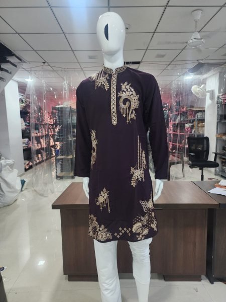 Customizable Royal Purple Men's Embroidered Kurta Pyjama Set with Pure Cotton Bottom Kurta Pajama Wholesale