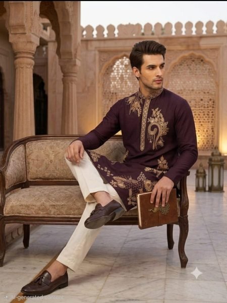 Customizable Royal Purple Men's Embroidered Kurta Pyjama Set with Pure Cotton Bottom Kurta Pajama Wholesale