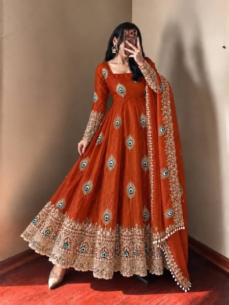 Customizable Rust Designer Fendy Silk Gown with 4 Meter Flair at Wholesale Rate 