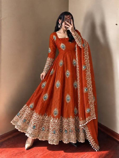 Customizable Rust Designer Fendy Silk Gown with 4 Meter Flair at Wholesale Rate Ready To Wear Collection