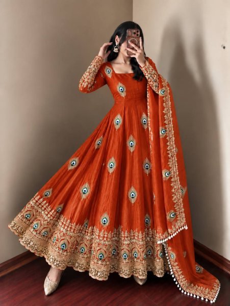 Customizable Rust Designer Fendy Silk Gown with 4 Meter Flair at Wholesale Rate Ready To Wear Collection