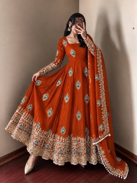 Customizable Rust Designer Fendy Silk Gown with 4 Meter Flair at Wholesale Rate Ready To Wear Collection