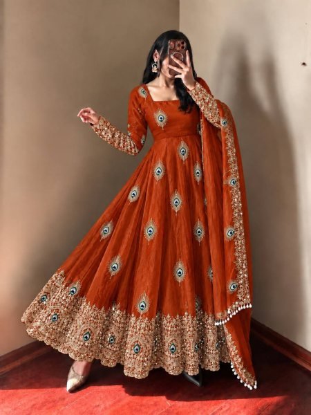 Customizable Rust Designer Fendy Silk Gown with 4 Meter Flair at Wholesale Rate Ready To Wear Collection