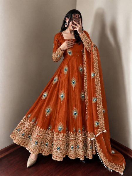 Customizable Rust Designer Fendy Silk Gown with 4 Meter Flair at Wholesale Rate Ready To Wear Collection