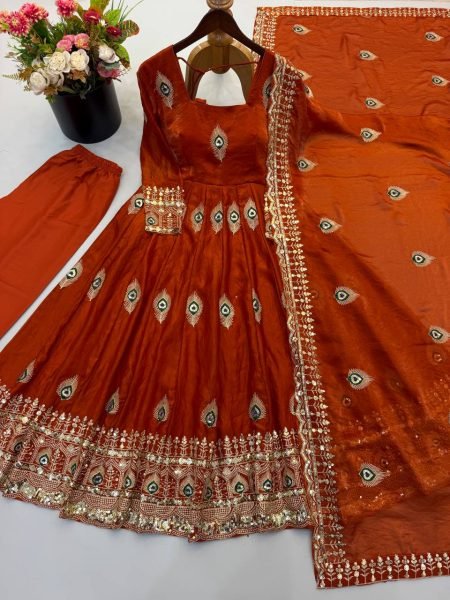 Customizable Rust Designer Fendy Silk Gown with 4 Meter Flair at Wholesale Rate Ready To Wear Collection