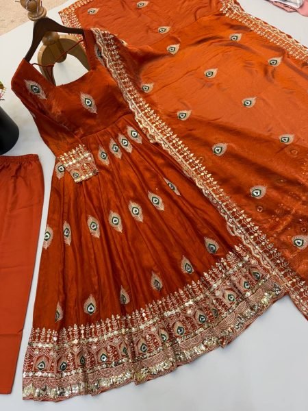 Customizable Rust Designer Fendy Silk Gown with 4 Meter Flair at Wholesale Rate Ready To Wear Collection