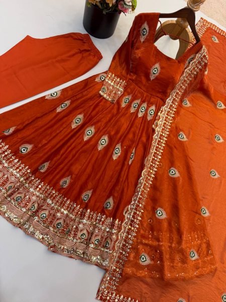 Customizable Rust Designer Fendy Silk Gown with 4 Meter Flair at Wholesale Rate Ready To Wear Collection