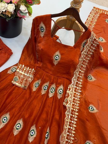 Customizable Rust Designer Fendy Silk Gown with 4 Meter Flair at Wholesale Rate Ready To Wear Collection