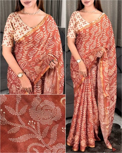 Customizable Rust Erode Silk Saree with Thread Embroidery and Zari Weaving at Wholesale Rate Silk Sarees Wholesale