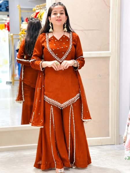 Customizable Rust Roman Glass Top with Real Mirror Work and Chanderi Dupatta Ready To Wear Suit