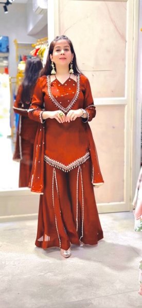 Customizable Rust Roman Glass Top with Real Mirror Work and Chanderi Dupatta Ready To Wear Collection