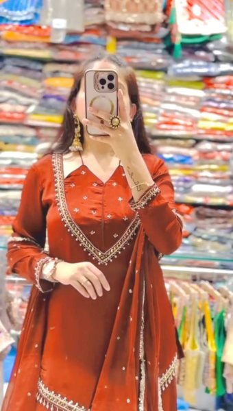 Customizable Rust Roman Glass Top with Real Mirror Work and Chanderi Dupatta Ready To Wear Collection