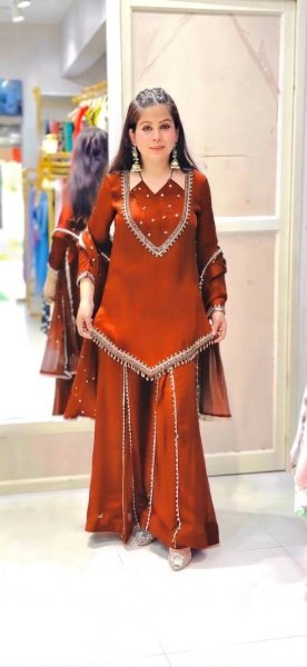 Customizable Rust Roman Glass Top with Real Mirror Work and Chanderi Dupatta Ready To Wear Collection
