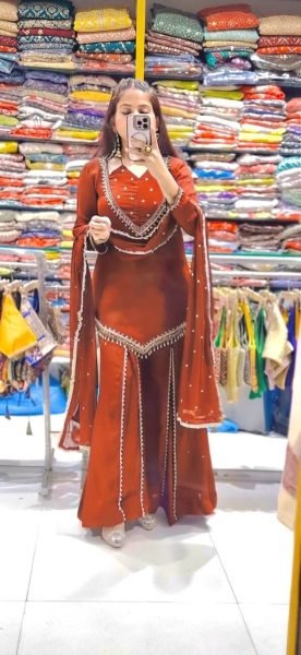 Customizable Rust Roman Glass Top with Real Mirror Work and Chanderi Dupatta Ready To Wear Collection
