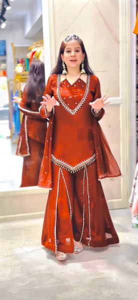 Customizable Rust Roman Glass Top with Real Mirror Work and Chanderi Dupatta Ready To Wear Collection