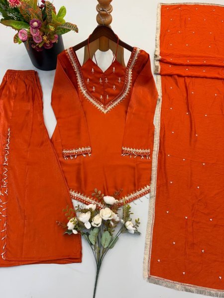 Customizable Rust Roman Glass Top with Real Mirror Work and Chanderi Dupatta Ready To Wear Collection