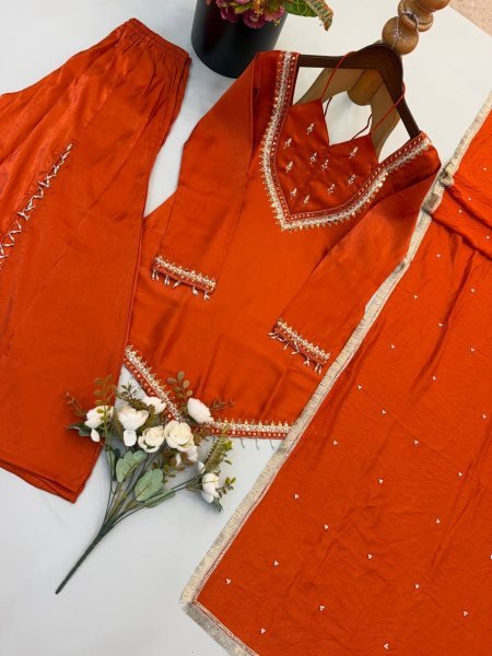 Customizable Rust Roman Glass Top with Real Mirror Work and Chanderi Dupatta Ready To Wear Collection