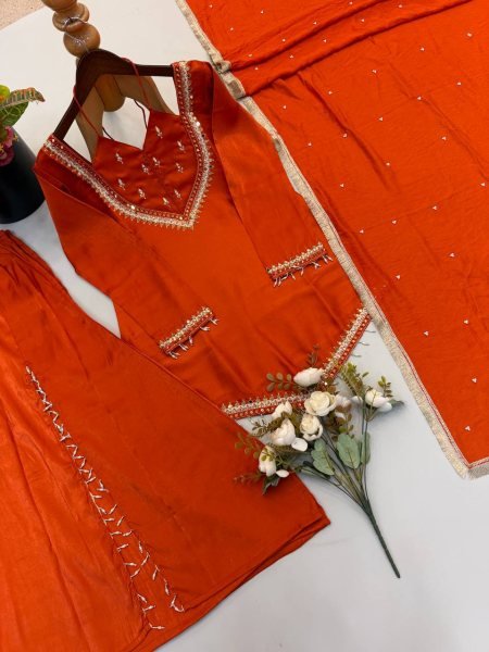 Customizable Rust Roman Glass Top with Real Mirror Work and Chanderi Dupatta Ready To Wear Collection