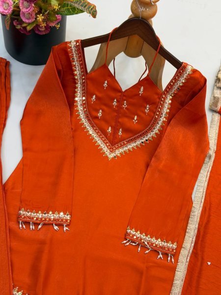 Customizable Rust Roman Glass Top with Real Mirror Work and Chanderi Dupatta Ready To Wear Collection