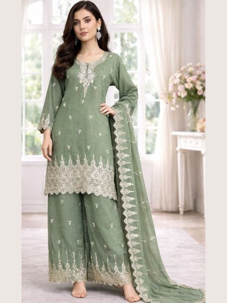 Customizable Sage Green Embroidered Palazzo Set for Wedding and Festive Wear Salwar Kameez