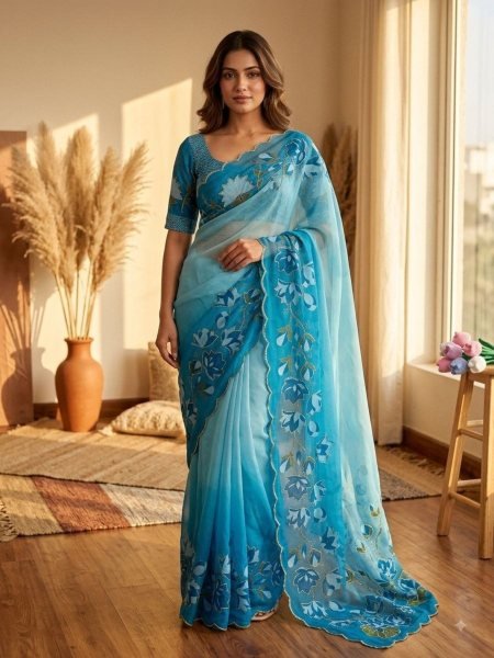 Customizable Sky Blue Designer Tebby Silk Saree with Floral Print and Rich Katdana Work Sarees 