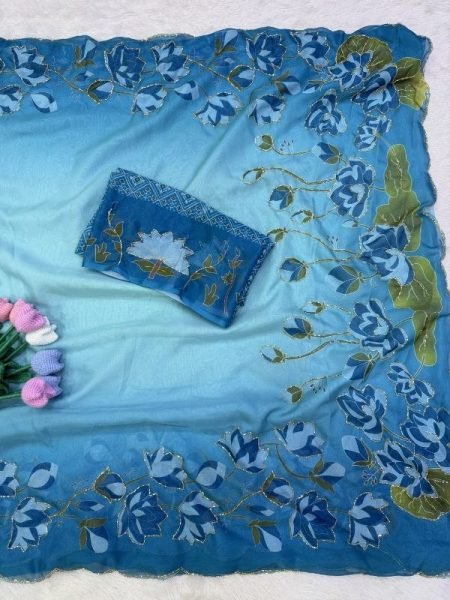 Customizable Sky Blue Designer Tebby Silk Saree with Floral Print and Rich Katdana Work Silk Sarees Wholesale
