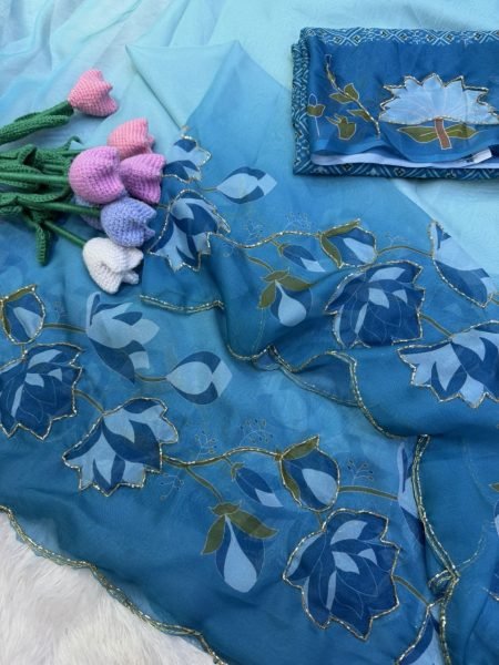 Customizable Sky Blue Designer Tebby Silk Saree with Floral Print and Rich Katdana Work Silk Sarees Wholesale