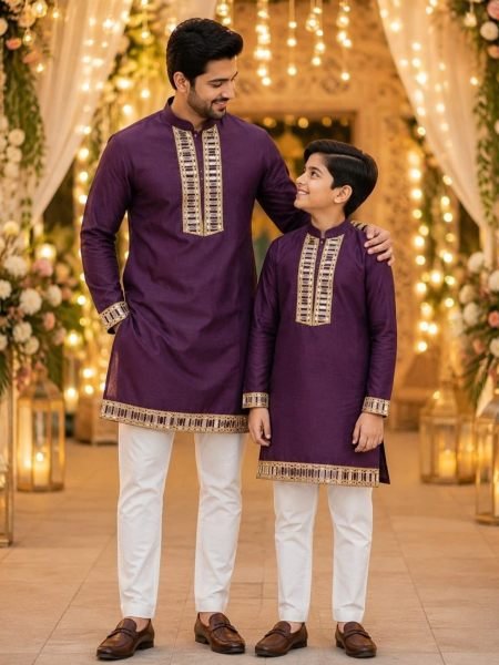 Customizable Wine Father Son Family Matching Mirror Work Kurta with Pajama Mens Wear