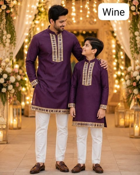 Customizable Wine Father Son Family Matching Mirror Work Kurta with Pajama Father Son Collection 