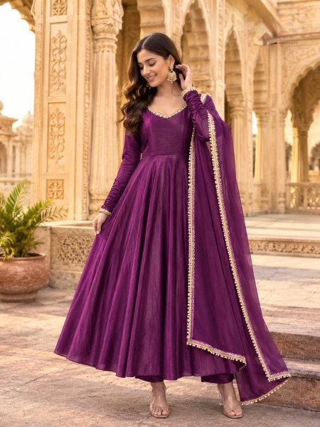 Customizable Wine Purple Fendy Silk Mirror Work Gown with Matching Embroidered Dupatta Ready To Wear Collection