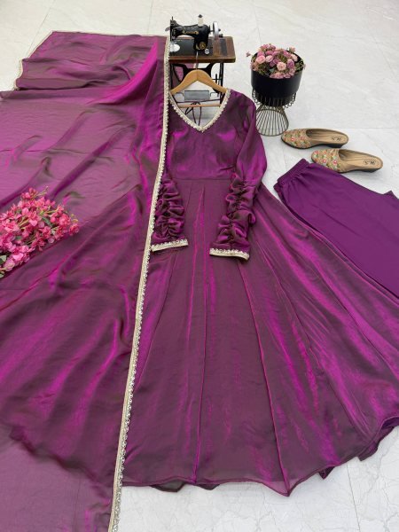 Customizable Wine Purple Fendy Silk Mirror Work Gown with Matching Embroidered Dupatta Ready To Wear Collection