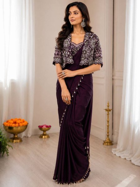 Customizable Wine Stylish Heavy Crepe Silk Saree with Designer Embroidery Jacket 