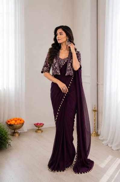 Customizable Wine Stylish Heavy Crepe Silk Saree with Designer Embroidery Jacket Ready To Wear Saree 