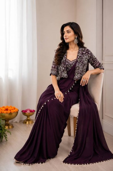 Customizable Wine Stylish Heavy Crepe Silk Saree with Designer Embroidery Jacket Ready To Wear Saree 