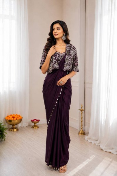 Customizable Wine Stylish Heavy Crepe Silk Saree with Designer Embroidery Jacket Ready To Wear Saree 