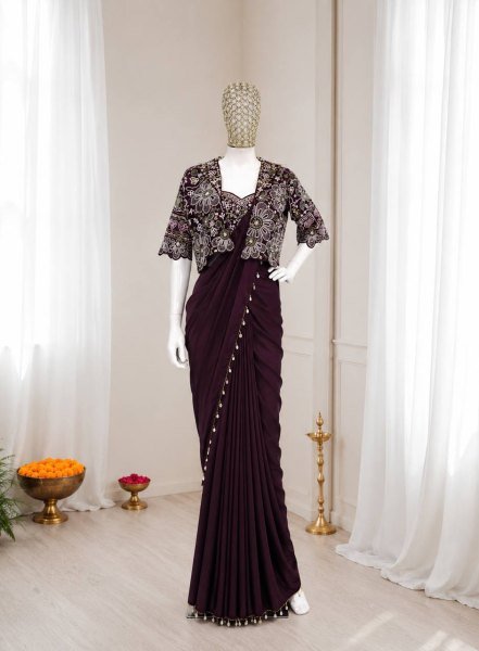 Customizable Wine Stylish Heavy Crepe Silk Saree with Designer Embroidery Jacket Ready To Wear Saree 