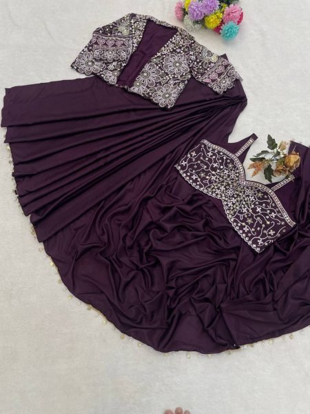 Customizable Wine Stylish Heavy Crepe Silk Saree with Designer Embroidery Jacket Ready To Wear Saree 