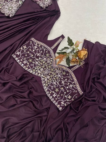 Customizable Wine Stylish Heavy Crepe Silk Saree with Designer Embroidery Jacket Ready To Wear Saree 
