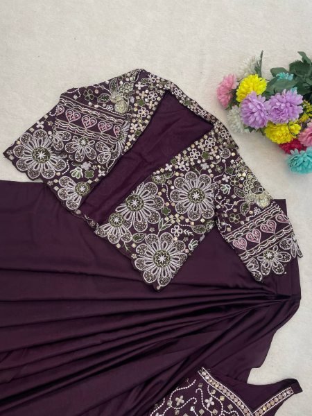 Customizable Wine Stylish Heavy Crepe Silk Saree with Designer Embroidery Jacket Ready To Wear Saree 