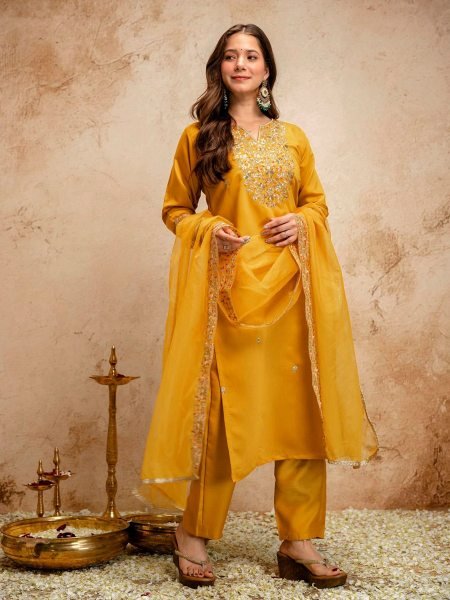 Customizable Yellow Ethnic Chanderi Kurti Pant Set with Embroidery for Boutique Collection Kurtis