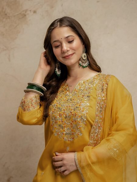 Customizable Yellow Ethnic Chanderi Kurti Pant Set with Embroidery for Boutique Collection  Straight Cut Long Kurtis
